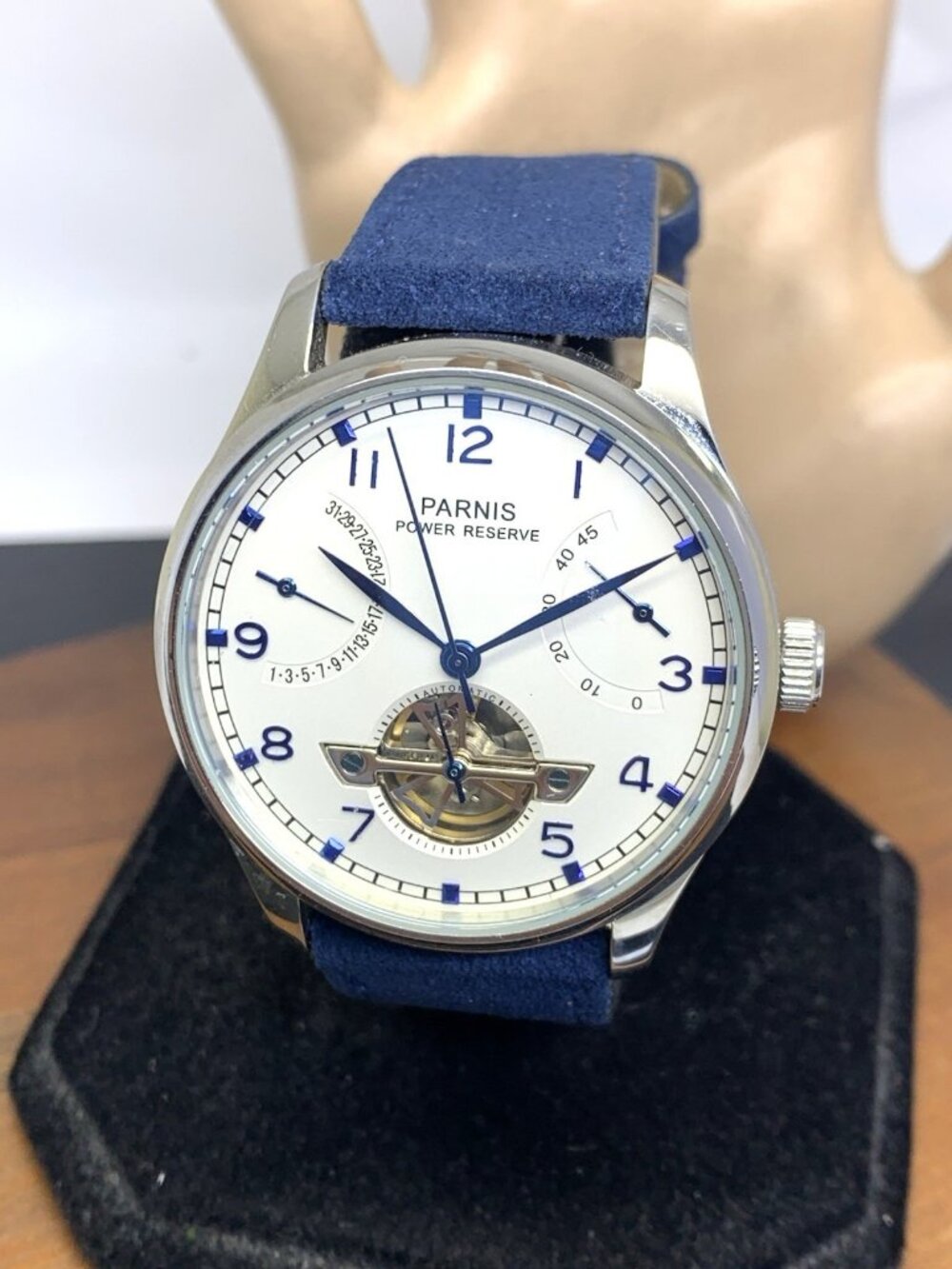 Parnis Men's Watch Automatic Power Reserve Silver Dial Blue Leather Strap 42mm